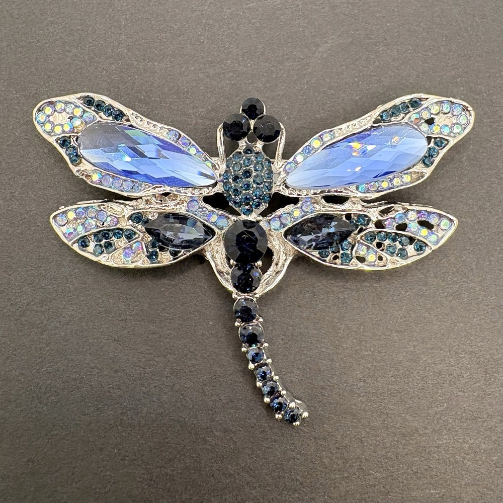 Vintage Dragonfly Bug Insect Blue Rhinestone‎ Brooch Silver Tone Sparkling
